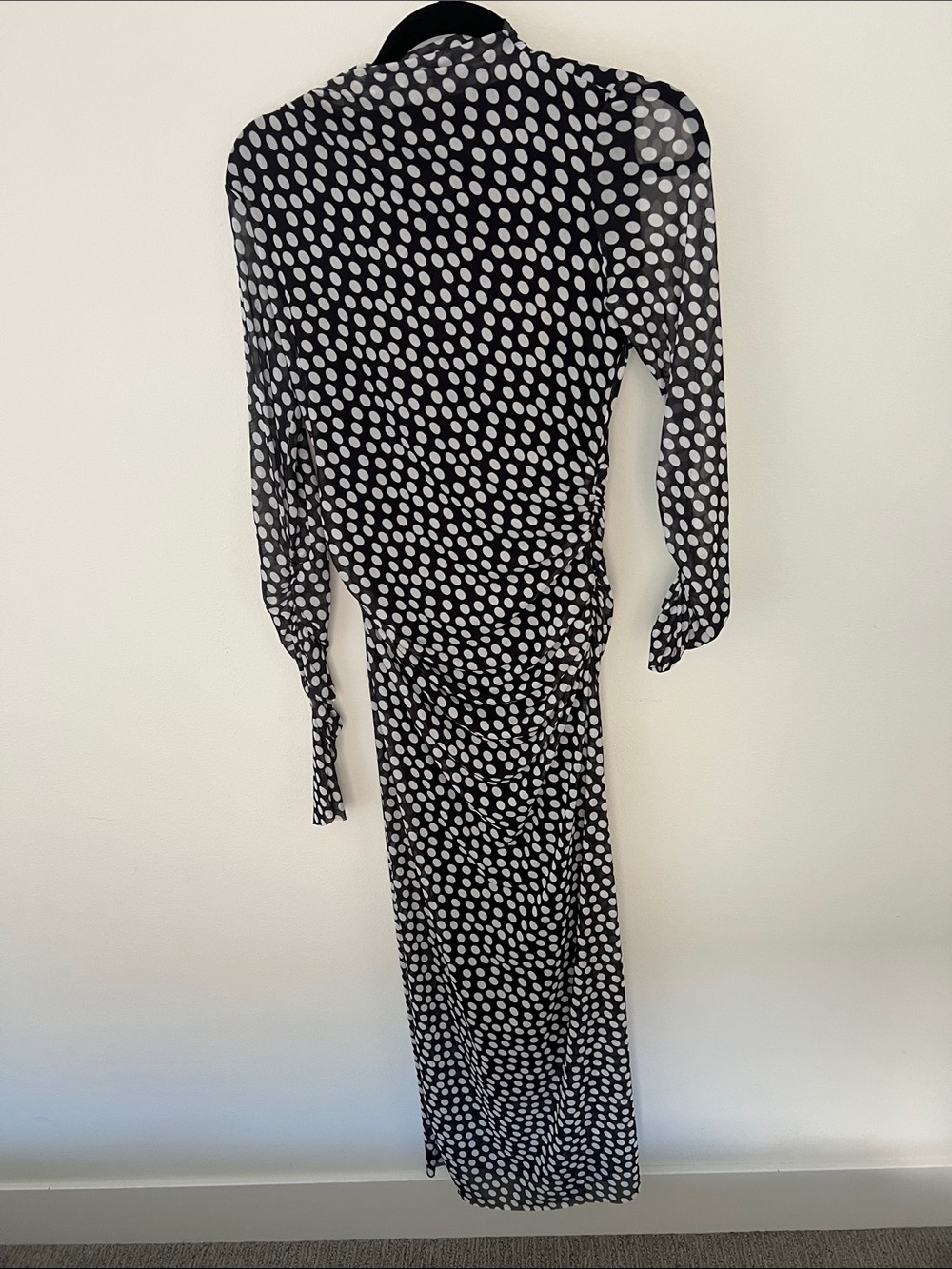 Zara Black & White Polka Dot Long Sleeve Ruched Dress
